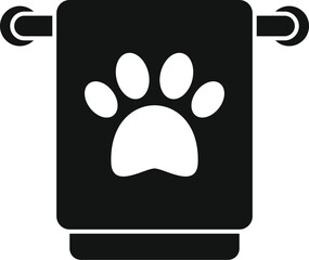 Black and white icon of a towel with a pet paw print, ideal for pet care symbols