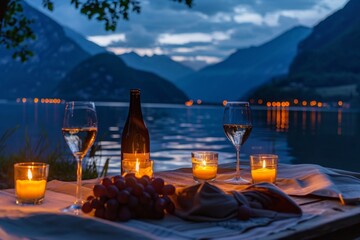A picnic table with wine, candles, grapes under morning sky