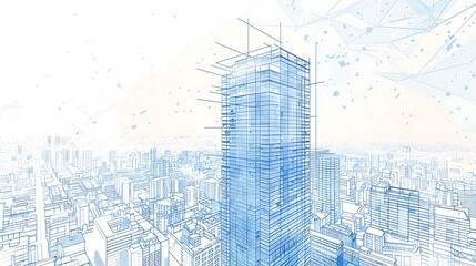 A blueprint-style drawing of a skyscraper, highlighting strategic planning and construction.