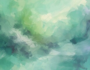 Abstract watercolor drawing featuring a palette of pale gray, blue, and green hues, with a dominant...