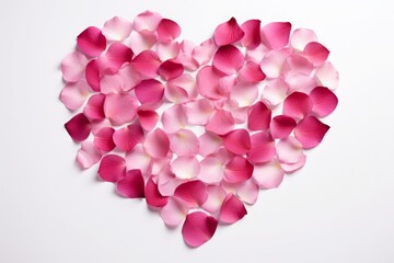 scattered rose petals in the shape of a heart. on a white background. 