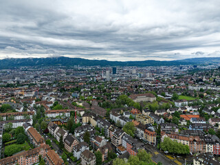 Aerial view of Swiss City of Zürich with cityscape and skyline on a cloudy spring day. Photo taken May 17th, 2024, Zurich, Switzerland.