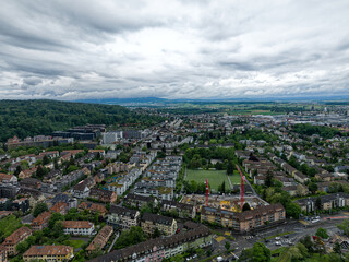 Aerial view of Swiss City of Zürich with cityscape and skyline on a cloudy spring day. Photo taken May 17th, 2024, Zurich, Switzerland.