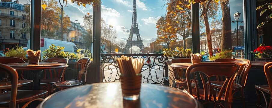 A classic Parisian cafe terrace, with small round tables and a view of the Eiffel Tower in the background