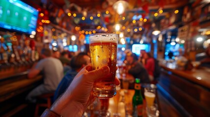 An attentive crowd of friends is watching a soccer game on a television in a cosy bar decorated with lights while raising glasses in a toast.