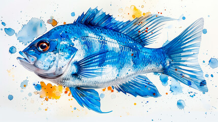 Watercolor clipart of a blue fish. Marine life.