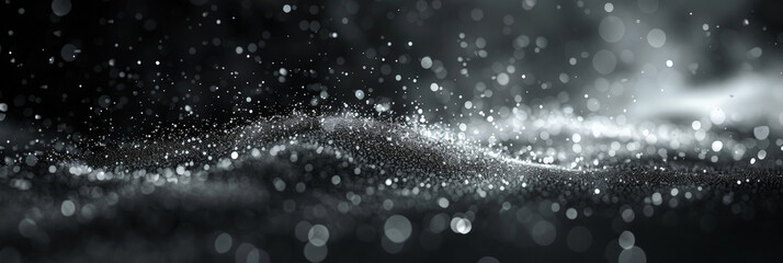 White particles, dust and light beams on a black background, white bokeh on black,banner poster, Black and white Glitter light particles