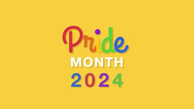 Pride month 2024 motion graphic with rainbow color design text on vivid yellow background