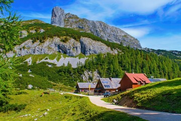 Mountain pasture in Tauplitzalm area, Austria with forest and mountain huts
