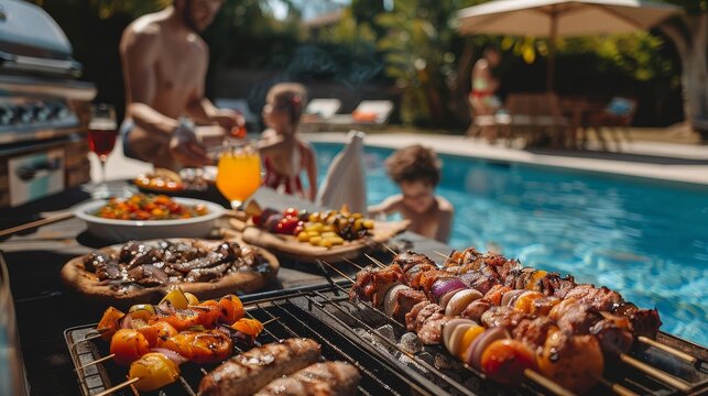 A family enjoying a summer barbecue with a pool party