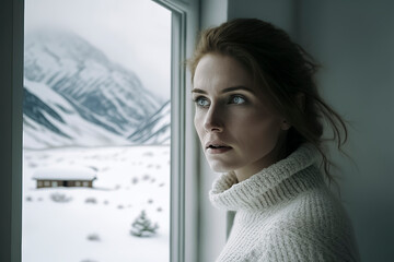 woman is looking out a window at a snowy landscape. The scene is peaceful and serene, with the...