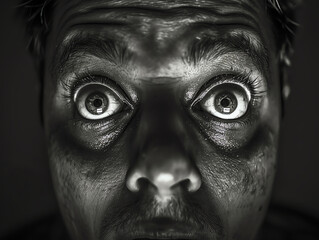 Black and white photo of a man's face with wide open eyes and mouth. The man's expression is one of fear or shock.