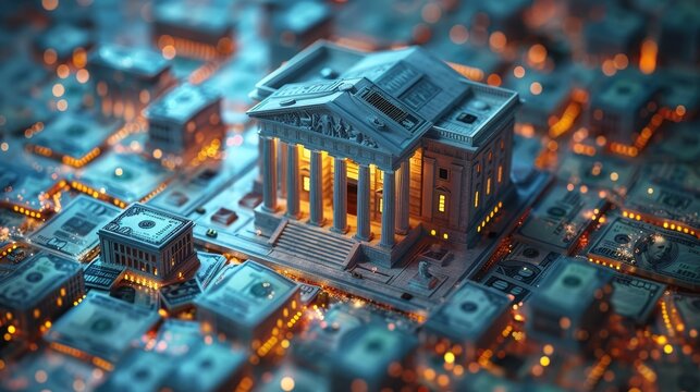 3D illustration of a grand financial institution building surrounded by dollar bills and glowing lights, symbolizing AAA credit ratings and financial stability.