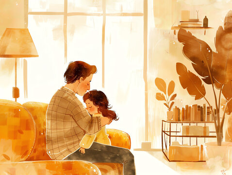 Father and daughter are sitting on the couch. The father is hugging his daughter. They are both smiling. The background is a living room with a large window.