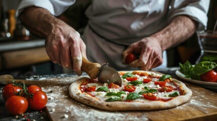 Chef cuts freshly prepared pizza on a wooden substrate