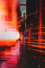 abstract blurry cityscape, 3D glitch with orange and red lights, double exposure, futuristic, photorealistic // ai-generated 