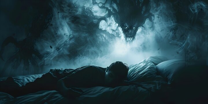 Eerie Shadowy Demon Haunting Sleeping Figure in Surreal Dark Surreal Nightmare Scene