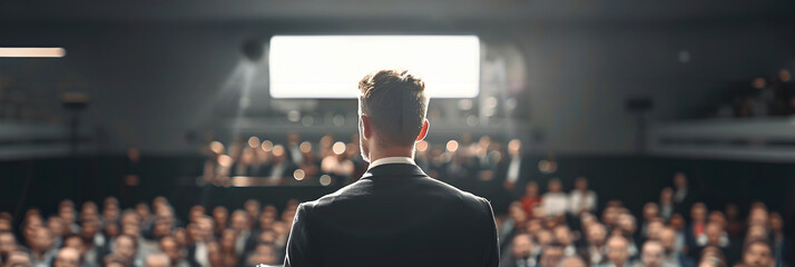 full body man in suit presenting to audience in crowded conference hall, soft-focus technique, handsome, in the style of fantastic, poster, composed, angular, white background - Powered by Adobe