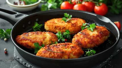 Fototapeta premium Chicken cutlets in frying pan.