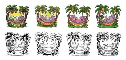 Naklejka premium A hippo relaxes in a hammock with a tropical drink, surrounded by palm trees vector illustration. Generative AI