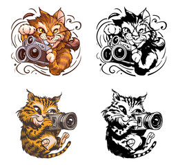 Obraz premium Set of playful cats with cameras vector art