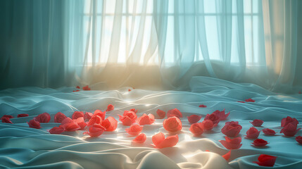 luxurious romantic bed with roses and silk bedsheet in the morning