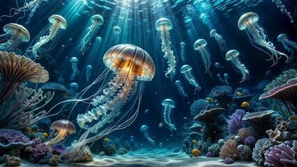 Fototapeta na wymiar クラゲが泳ぐ美しい深海の風景