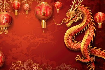 Fototapeta premium Chinese new year card with dragon ,lanterns and place for text