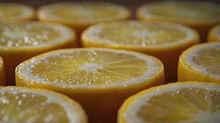   Lemons, photographed in close-up detail The surface of the lemons is adorned with water droplets that cling to the inner skin of the fruit as well