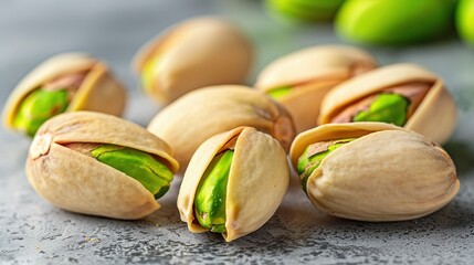   Piles of pistachio nuts on a countertop, with green pistachios nearby