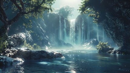 Majestic Waterfall Cascading Through Lush Tropical Rainforest Landscape