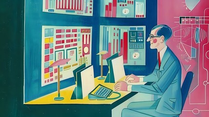 Detailed illustration of a Financial Officer in the workplace with charts and spreadsheets
