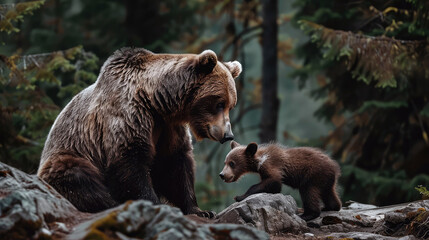 Obraz premium Adorable brown bear cub plays with its mother in the wild.