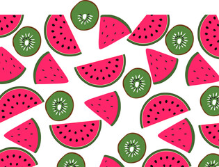 Seamless pattern with kiwi fruit and watermelon slices. Summer background.