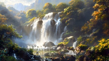 Majestic Waterfall Surrounded by Lush Autumnal Landscape Cascading Through Rugged Terrain in Tranquil Wilderness Setting