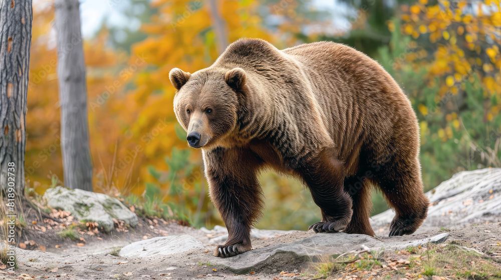 Wall mural wild and free, a large bear explores its natural habitat, with a coat that shines in the sunlight.