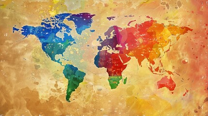 Colorful artwork depicting a rainbow-colored world map with LGBTQ+ pride flags marking different countries, blending with a map illustration art style.