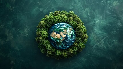 Fototapeta premium World Environment Day. Aerial top view green forest with globe earth
