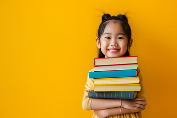 Little smiling Asian girl holding a stack of books on a yellow background. Concept of education, reading, back to school, library