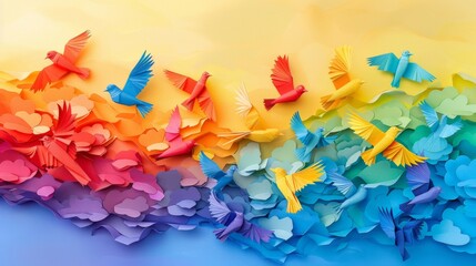 Artistic rendering of rainbow-colored birds flying in formation, symbolizing freedom and liberation, blending with a paper-cut art style.