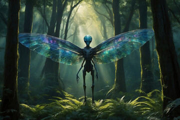 A mysterious alien creature with dragonfly wings stands in the forest