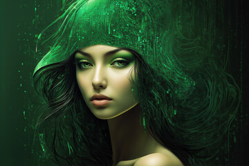 Portrait of a beautiful girl with abstract green code