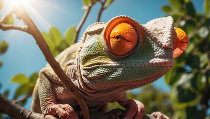 A close up of a chameleon with the sun behind him