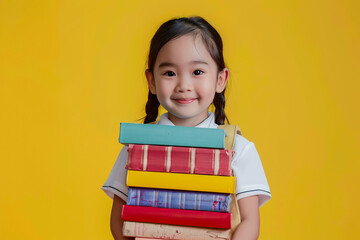 Little smiling Asian girl holding a stack of books on a yellow background. Concept of education, reading, back to school, library