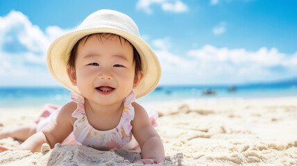 ビーチで遊ぶ赤ちゃん