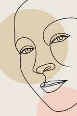 Card or poster with one single line drawing of female face and abstract shapes. Monochrome minimalist portrait. Modern trendy fashion sketch of woman head