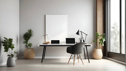 minimalist desk, chair, and blank wall mockup in a modern home office setting