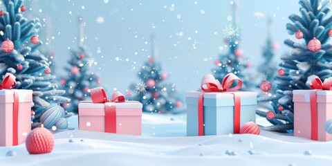 Christmas holiday in winter season decorate with gift boxes, tree and ornaments, Snowflakes background