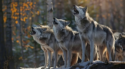 Obraz premium A group of gray wolves, untamed and unafraid, in the heart of the forest.