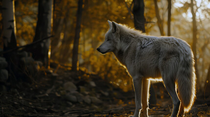 Obraz premium Majestic gray wolf roaming freely in its natural habitat, with a thick, soft coat blending into the surroundings.